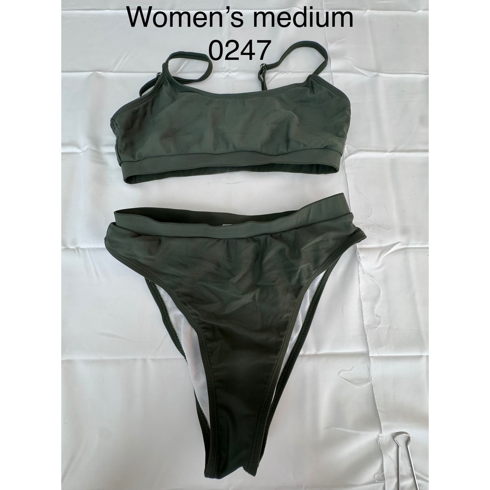 Olive Green High Waisted Bikini Set Scoop Neck High Cut Swimsuit Womens Medium